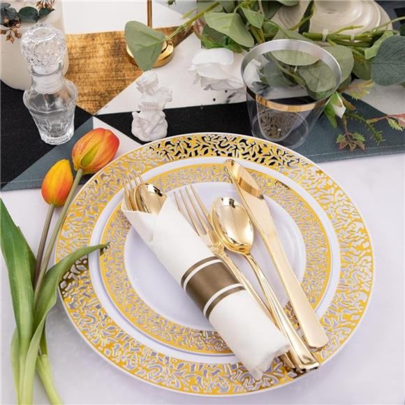 350 Pieces Gold Plastic Dinnerware,Disposable Gold Lace Plates - Picture 2 of 7